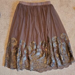 Garnet Hill Brown A-Line Skirt with Gold Embroidery
